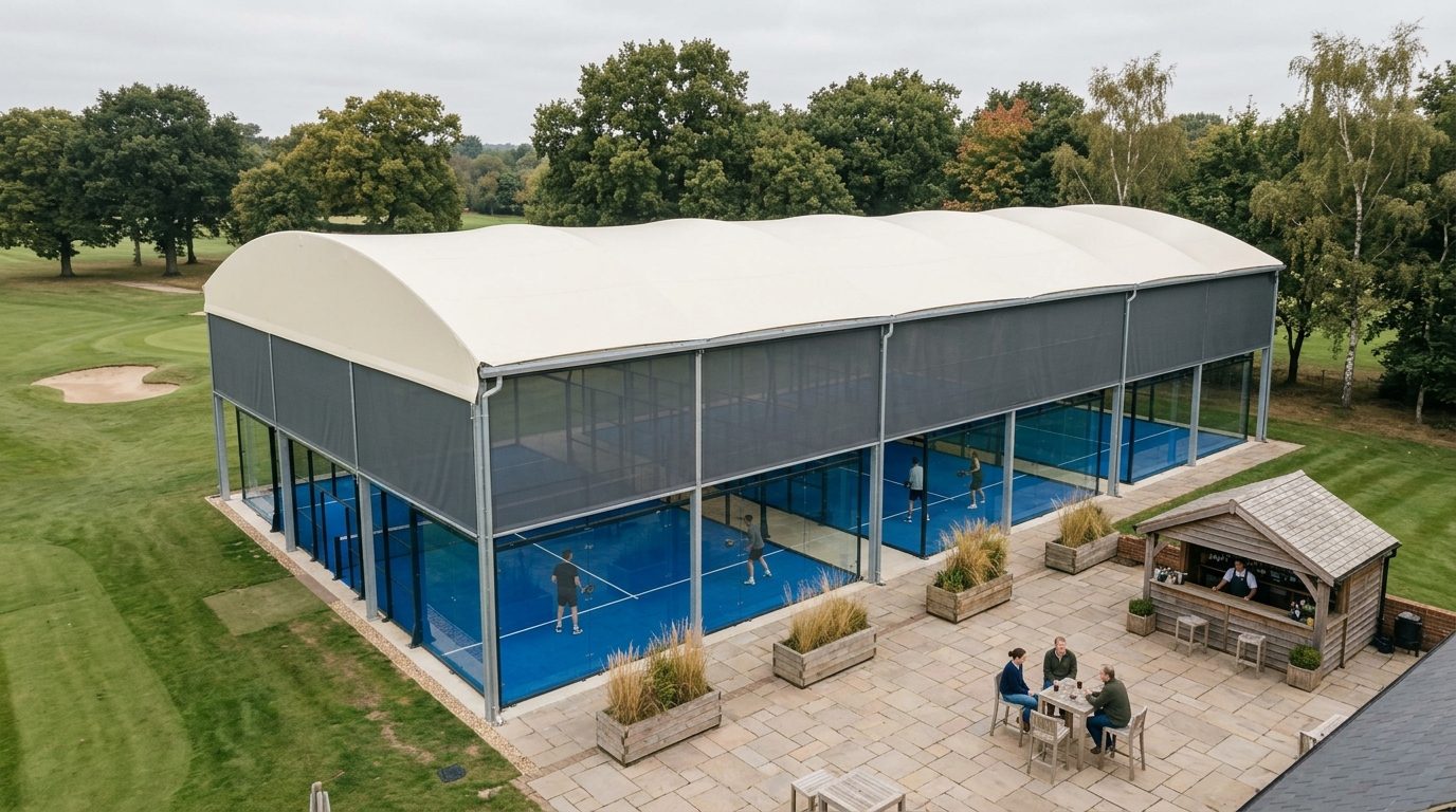 Four covered padel courts beside a golf course with a terrace and hut bar