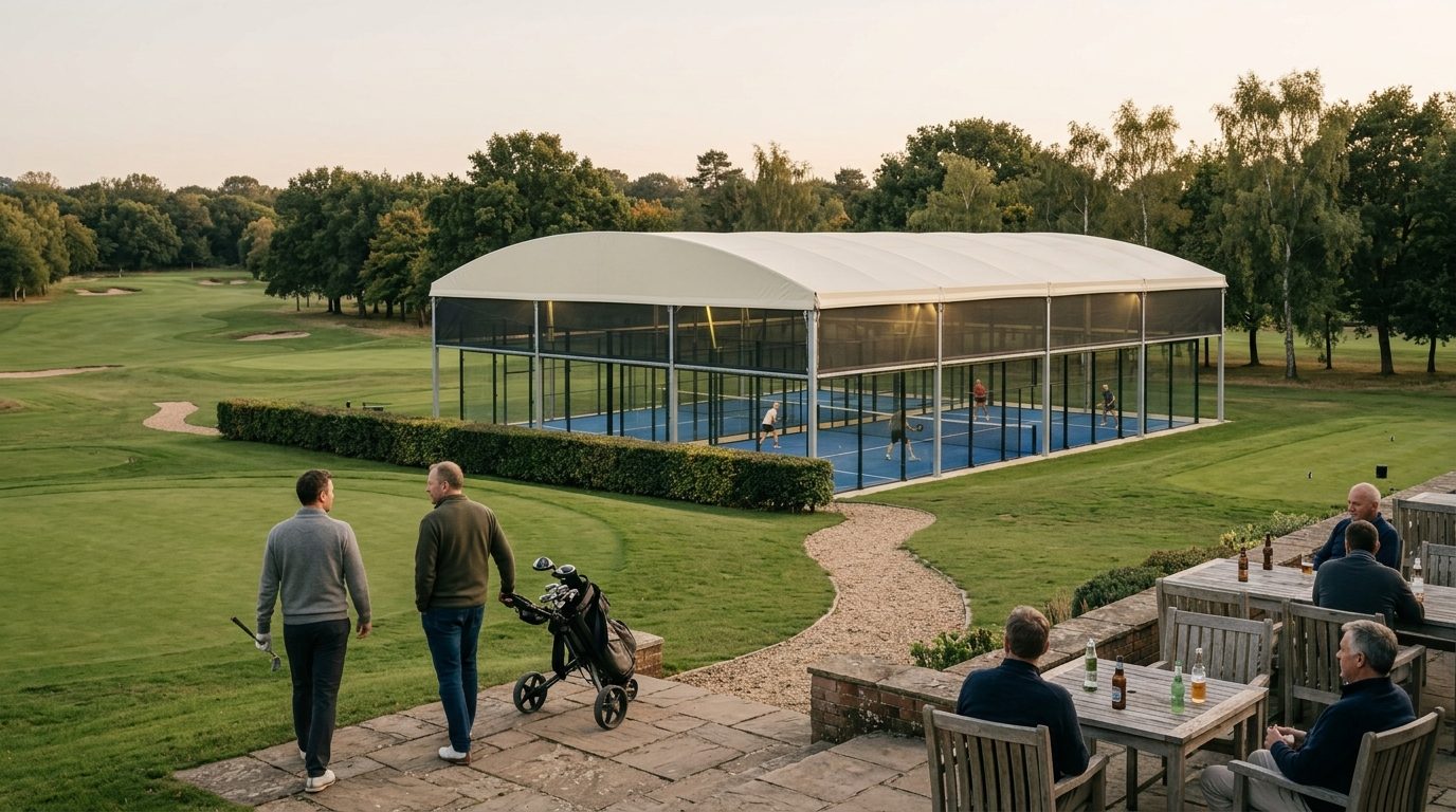 Golfers walking off the 18th green past the clubhouse terrace, with covered padel courts beyond