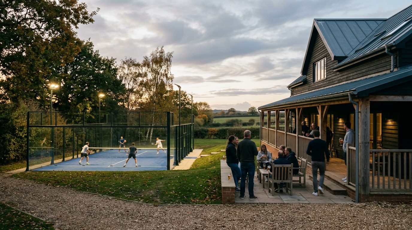 Dusk at a timber clubhouse with a lit court beside it and people on the terrace
