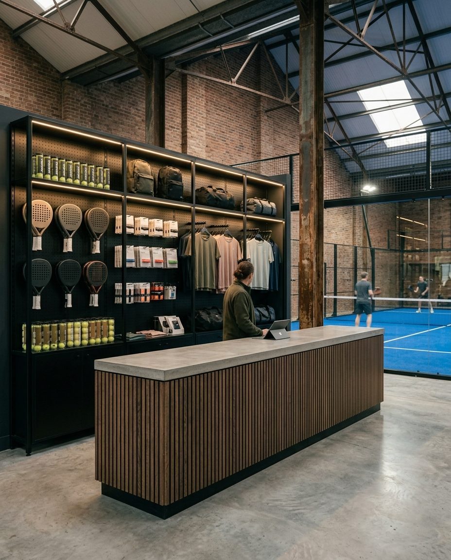Padel club reception with an oak and concrete desk and a retail wall of rackets, balls and kit